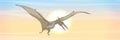 Flying reptile pteranodon in the sky. Prehistoric animals and plants. Vector landscape of the Mesozoic era